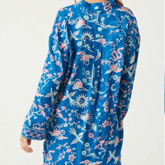 Spell NWT Desert BanditaCobalt Blue and Pink Floral Woven Button Down Shirt